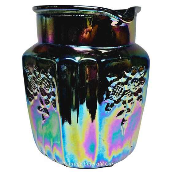 Vtg Mayfair Open Rose Pitcher Amethyst Carnival Glass & 3 Drinking Cups Set - Picture 3 of 16